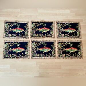 Set 6 - April Cornell Placemats Trout Fish Raspberries Ivy Black Dusty Rose Pink